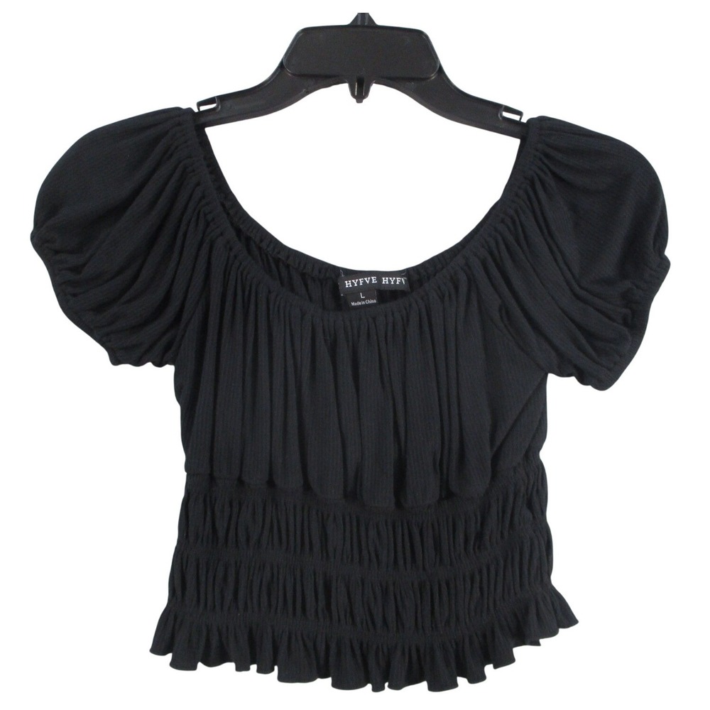 Hyfve Womens Black Smocked Ruffle Puff Sleeve Crop Top HF21E765 Large